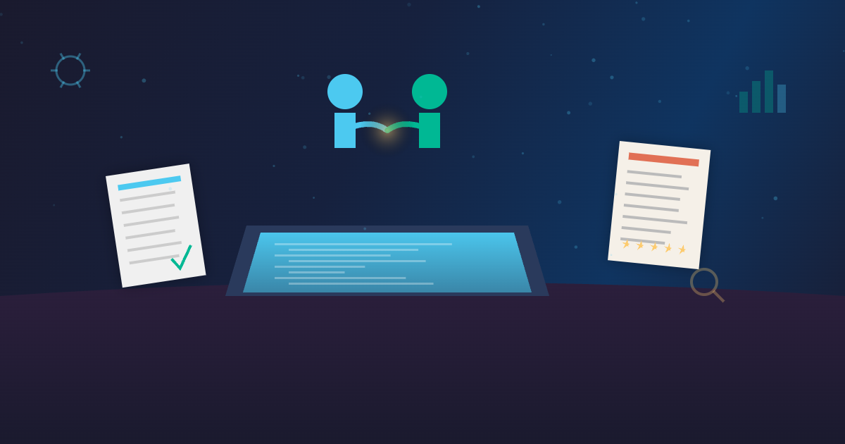 Two business professionals shaking hands over a laptop with documents, representing software development partnership selection